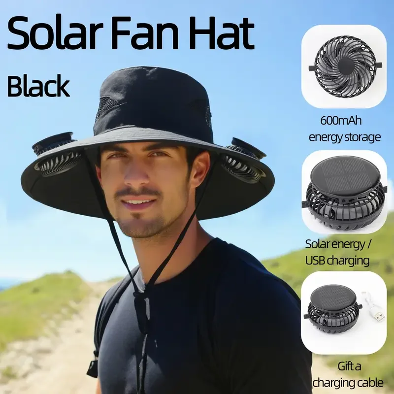 Renewable Energy Fan - Schnell trocknender Herren-Eimerhut, großer Sonnenhut mit